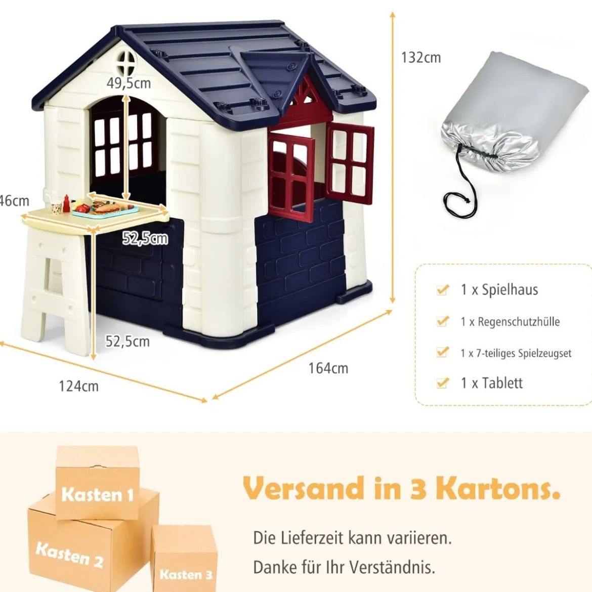 Kinder Spielhaus 164 x 124 x 132 cm Outdoor Kinderhäuschen mit Pickniktisch Blau