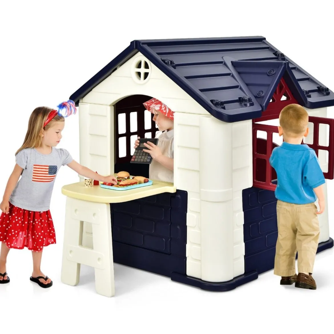 Kinder Spielhaus 164 x 124 x 132 cm Outdoor Kinderhäuschen mit Pickniktisch Blau