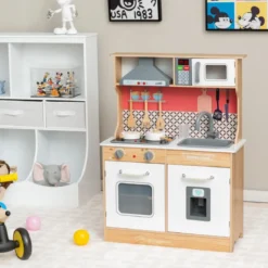 Kinder Spielküche aus Holz mit Töpfen & Ton & Licht & Aufbewahrungsregal