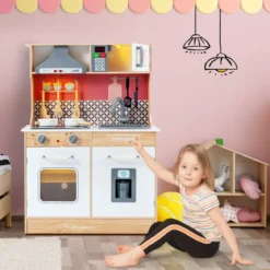 Kinder Spielküche aus Holz mit Töpfen & Ton & Licht & Aufbewahrungsregal