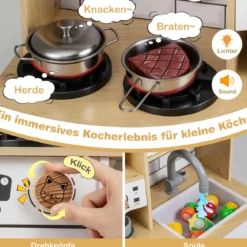 Kinder Spielküche aus Holz Spielküche mit Licht Sound Herd Spüle Dunstabzugshaube Eismaschine Natur