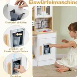 Kinder Spielküche aus Holz Spielküche mit Licht Sound Herd Spüle Dunstabzugshaube Eismaschine Natur