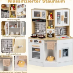 Kinder Spielküche aus Holz Spielküche mit Licht Sound Herd Spüle Dunstabzugshaube Eismaschine Natur
