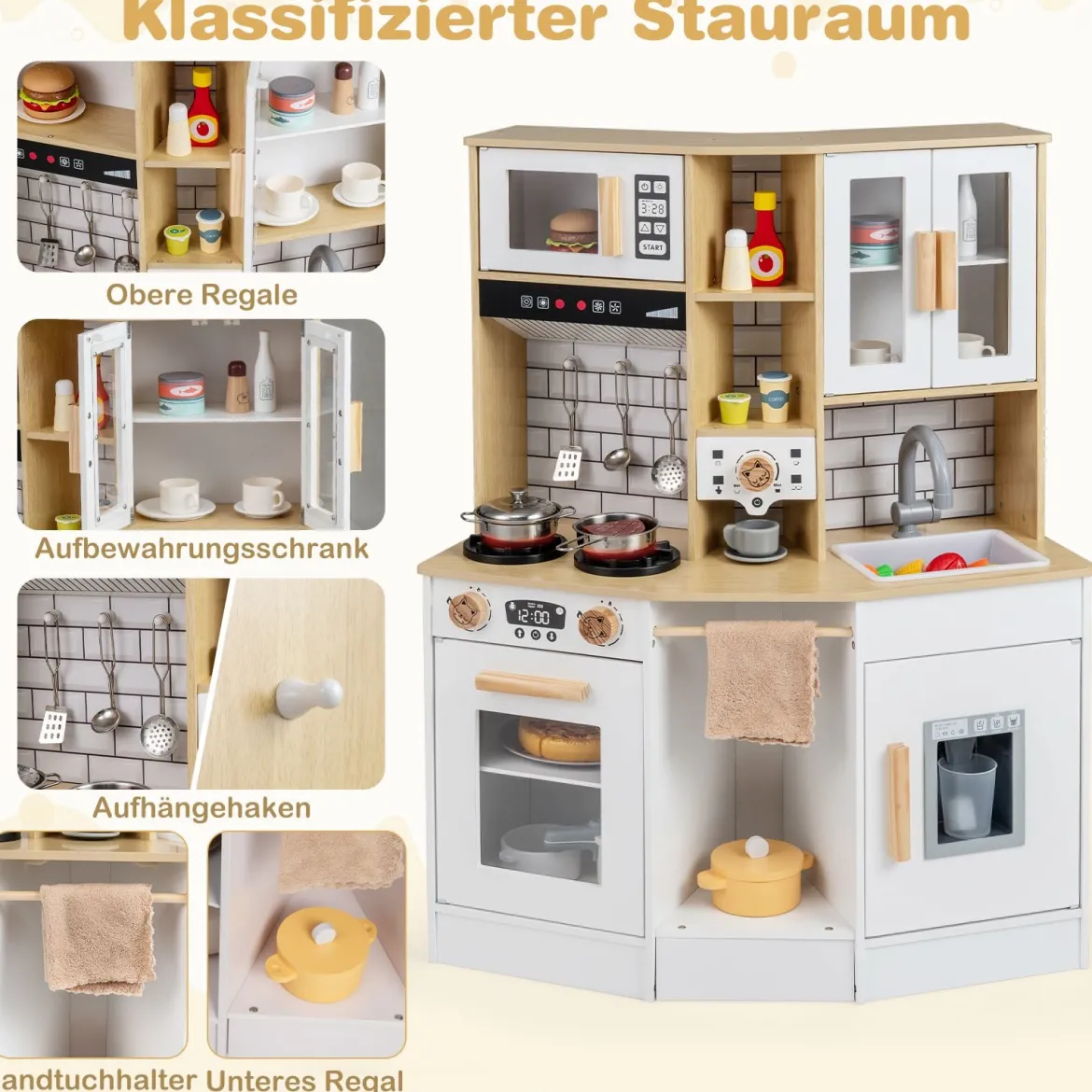Kinder Spielküche aus Holz Spielküche mit Licht Sound Herd Spüle Dunstabzugshaube Eismaschine Natur