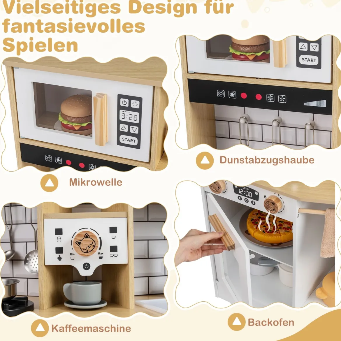 Kinder Spielküche aus Holz Spielküche mit Licht Sound Herd Spüle Dunstabzugshaube Eismaschine Natur