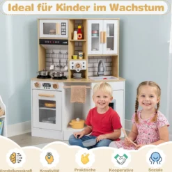 Kinder Spielküche aus Holz Spielküche mit Licht Sound Herd Spüle Dunstabzugshaube Eismaschine Natur