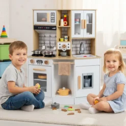 Kinder Spielküche aus Holz Spielküche mit Licht Sound Herd Spüle Dunstabzugshaube Eismaschine Natur