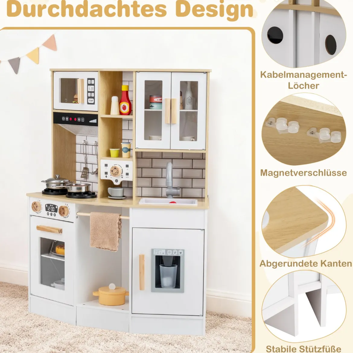 Kinder Spielküche aus Holz Spielküche mit Licht Sound Herd Spüle Dunstabzugshaube Eismaschine Natur