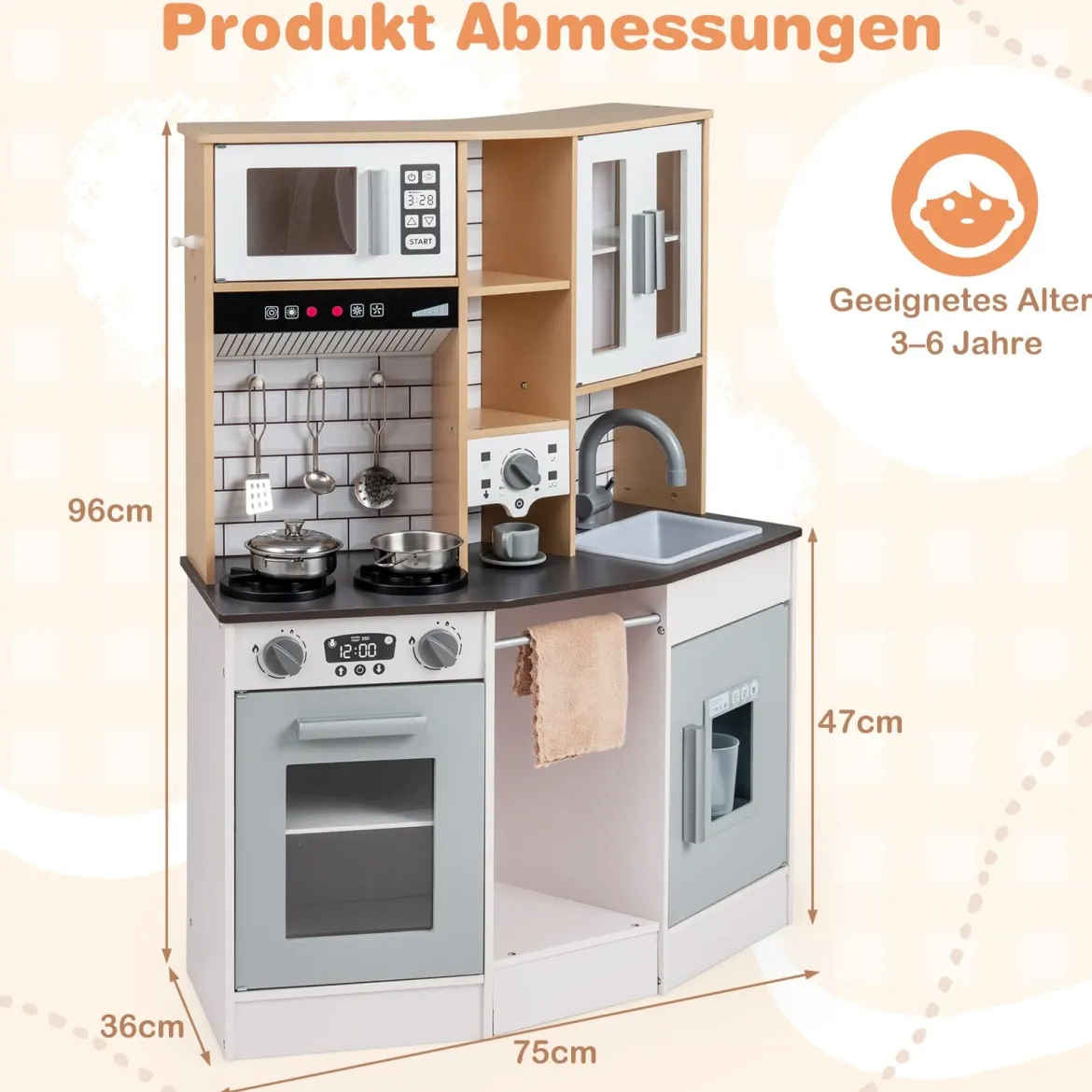 Kinder Spielküche aus Holz Spielküche mit Licht Sound Herd Spüle Dunstabzugshaube Eismaschine Grau