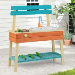 Kinder Spielküche hölzernes Kinderkücheset mit Lebensmitteln Holzspießen Grillrost Blau