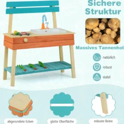 Kinder Spielküche hölzernes Kinderkücheset mit Lebensmitteln Holzspießen Grillrost Blau