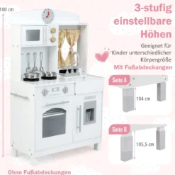 Kinderspielküche Holz Kinderküche mit 3 Höhenverstellungen Mikrowelle Herd Spüle Ofen Eismaschine Weiß