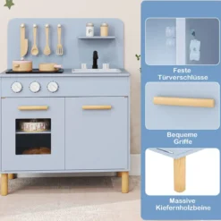 Kinder Spielküche Holzspielküche mit Lichtern Geräuschen Herd Spüle Backofen & Kochzubehör Blau