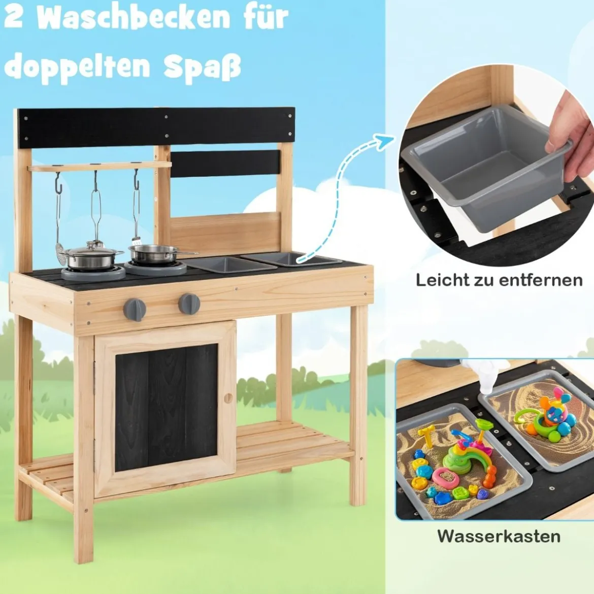 Kinder Spielküche mit 2 Abnehmbaren Spülbecken & Herd & Küchengeschirr