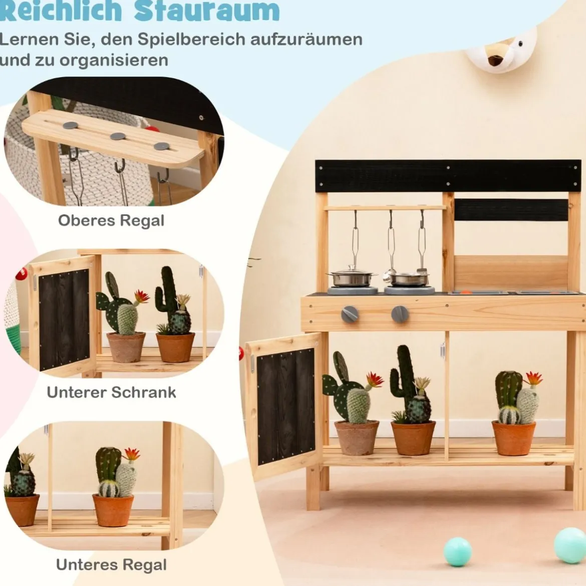 Kinder Spielküche mit 2 Abnehmbaren Spülbecken & Herd & Küchengeschirr