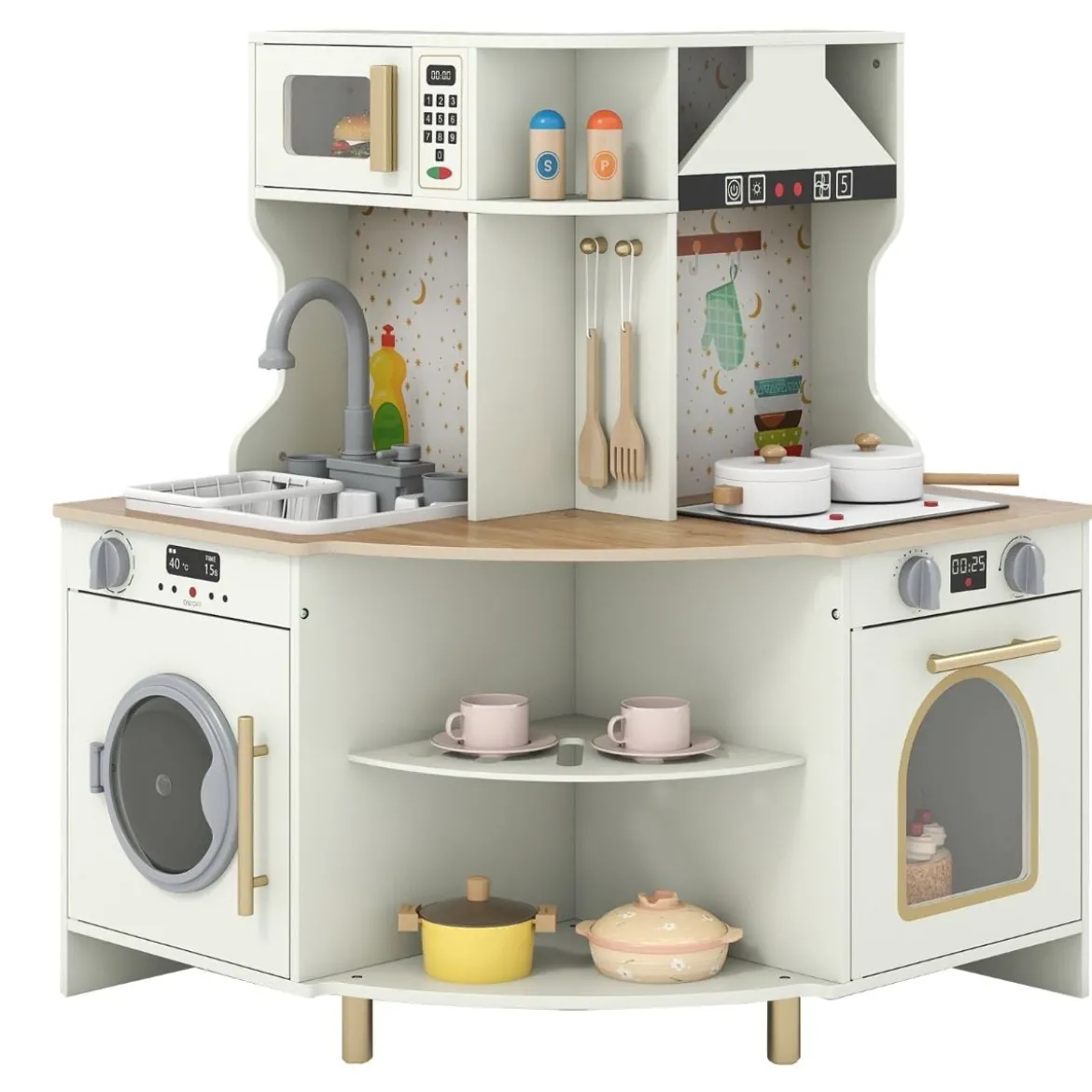 Kinder Spielküche mit Funktionierendem Wasserhahn & Spüle Holz Eckküche Spielset