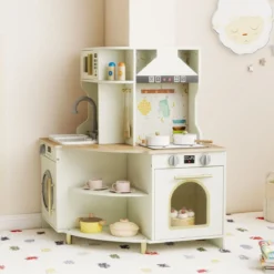 Kinder Spielküche mit Funktionierendem Wasserhahn & Spüle Holz Eckküche Spielset