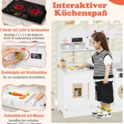 Kinder Spielküche mit Herd & Licht & Sound Holz Kochspielküche für ab 3 Jahren Weiß