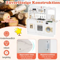 Kinder Spielküche mit Herd & Licht & Sound Holz Kochspielküche für ab 3 Jahren Weiß