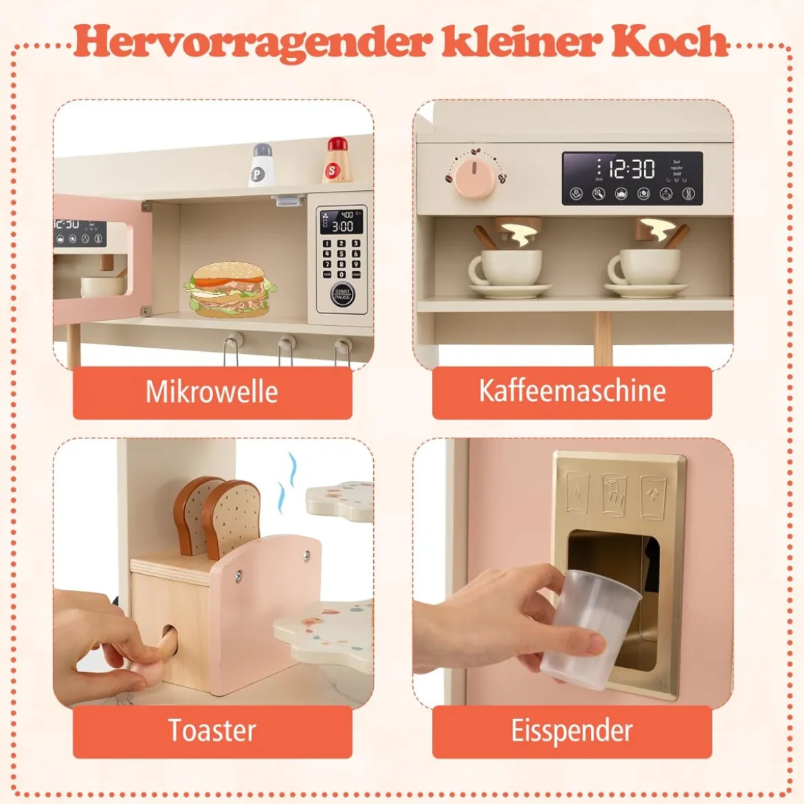 Kinder Spielküche mit Herd & Licht & Sound Holz Kochspielküche für ab 3 Jahren Rosa
