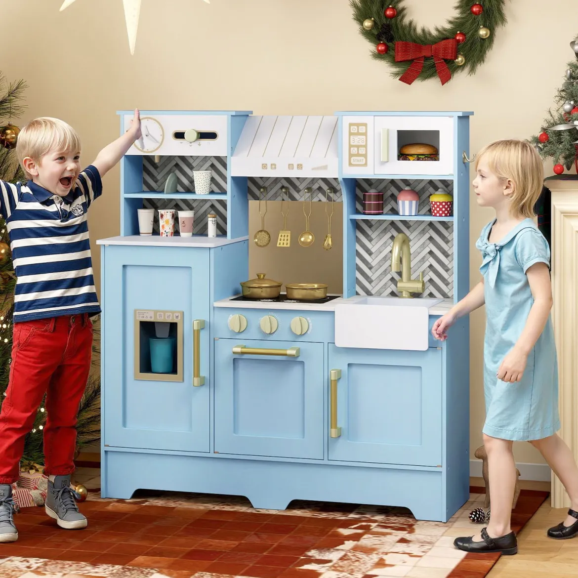 Kinder Spielküche mit Kaffeemaschine & Eiswürfelspender Holz Kinderküche Puppenküche Blau