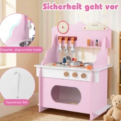 Kinder Spielküche mit Komplettem Zubehör Puppenkühe mit Uhr & Herd & Gewürzregal Rosa
