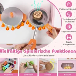 Kinder Spielküche mit Komplettem Zubehör Puppenkühe mit Uhr & Herd & Gewürzregal Rosa