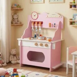 Kinder Spielküche mit Komplettem Zubehör Puppenkühe mit Uhr & Herd & Gewürzregal Rosa