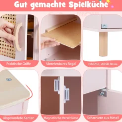Kinder Spielküche mit Stauraum & Licht & Sound & Realistischem Eismaschine Holzküche Rosa