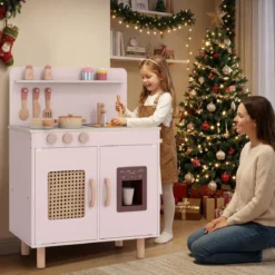 Kinder Spielküche mit Stauraum & Licht & Sound & Realistischem Eismaschine Holzküche Rosa