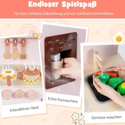 Kinder Spielküche mit Stauraum & Licht & Sound & Realistischem Eismaschine Holzküche Rosa
