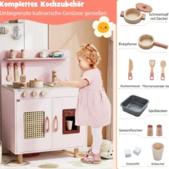 Kinder Spielküche mit Stauraum & Licht & Sound & Realistischem Eismaschine Holzküche Rosa