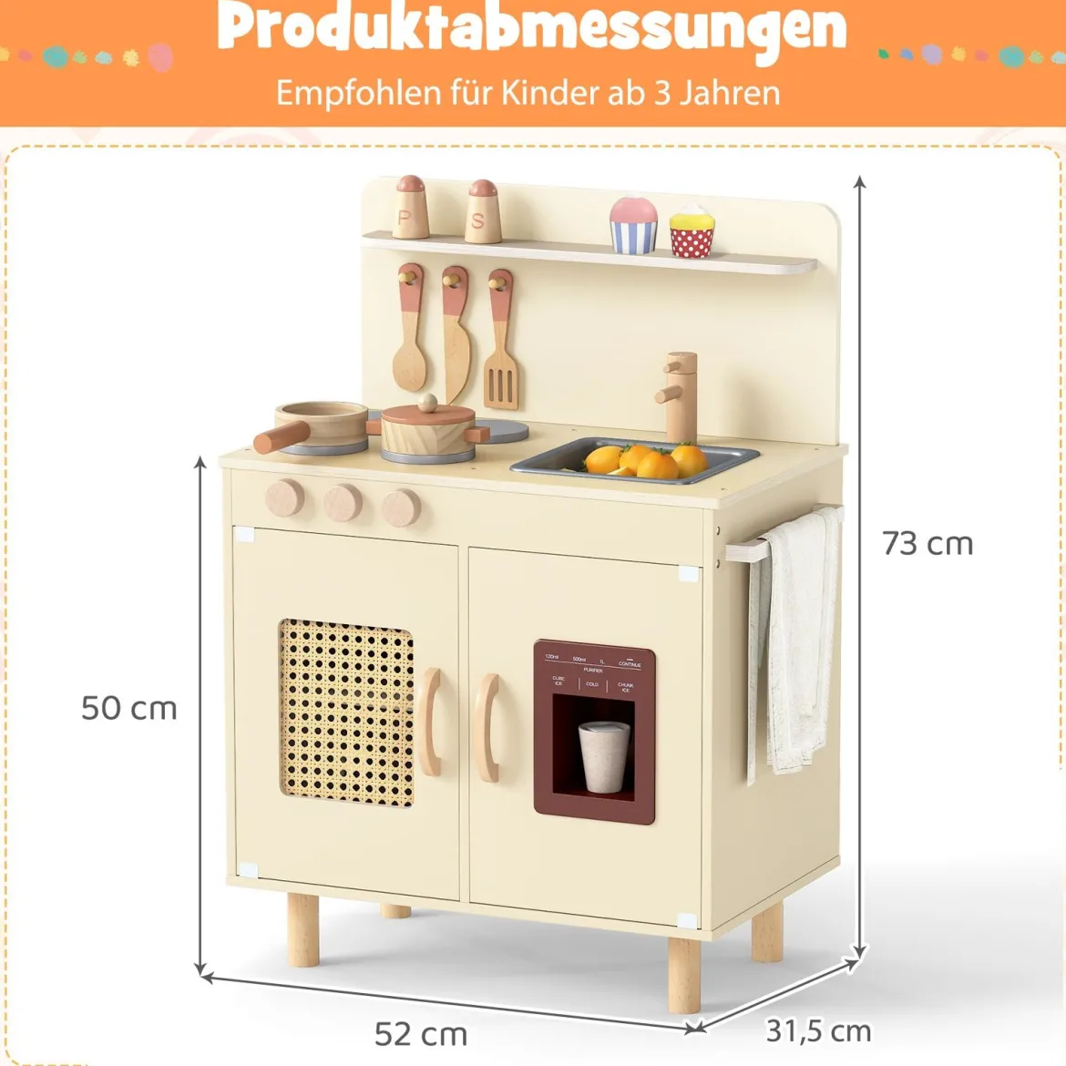 Kinder Spielküche mit Stauraum & Licht & Sound & Realistischem Eismaschine Holzküche Gelb