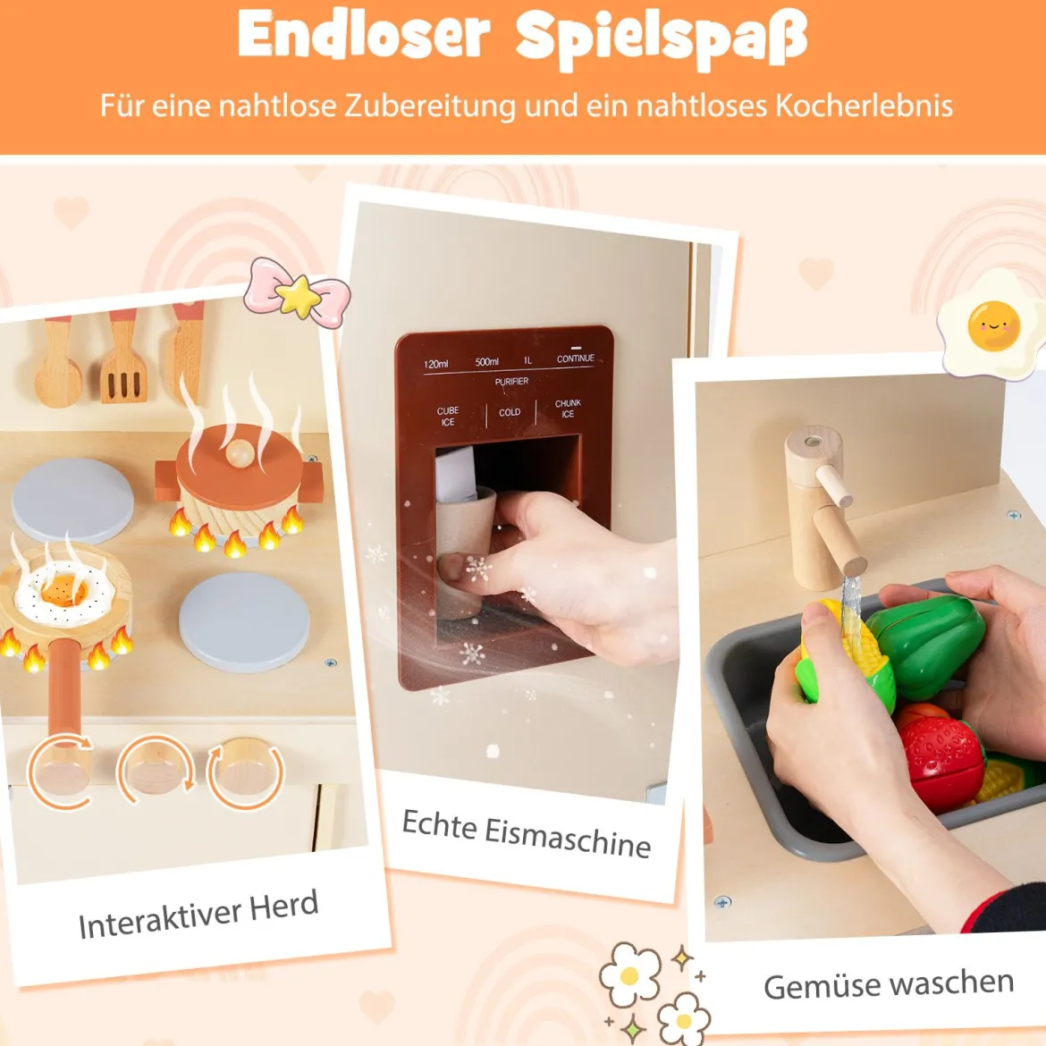 Kinder Spielküche mit Stauraum & Licht & Sound & Realistischem Eismaschine Holzküche Gelb