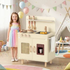 Kinder Spielküche mit Stauraum & Licht & Sound & Realistischem Eismaschine Holzküche Gelb