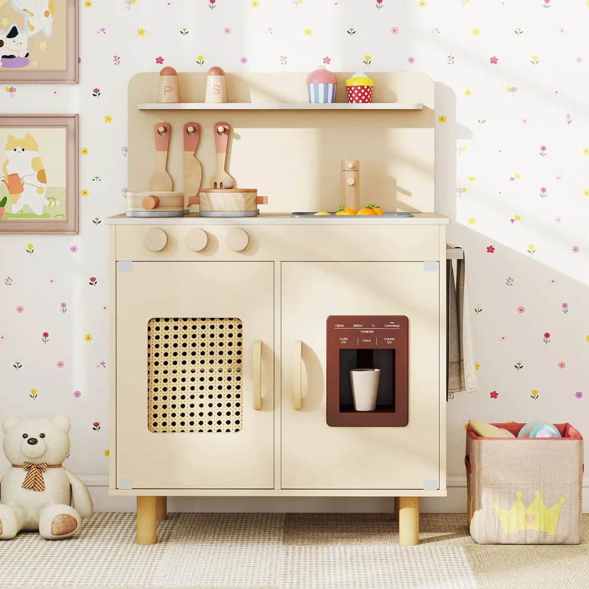 Kinder Spielküche mit Stauraum & Licht & Sound & Realistischem Eismaschine Holzküche Gelb