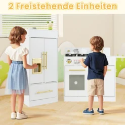 Kinder Spielküchen-Set mit Spüle & Eisbereiter & Spüle Holzspielzeug-Küchenset Weiß