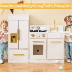 Kinder Spielküchen-Set mit Spüle & Eisbereiter & Spüle Holzspielzeug-Küchenset Weiß