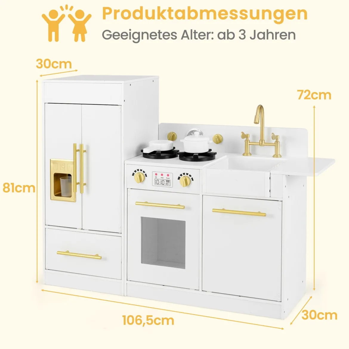 Kinder Spielküchen-Set mit Spüle & Eisbereiter & Spüle Holzspielzeug-Küchenset Weiß