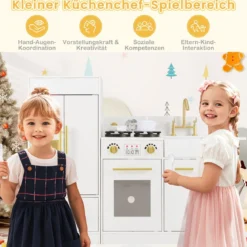 Kinder Spielküchen-Set mit Spüle & Eisbereiter & Spüle Holzspielzeug-Küchenset Weiß