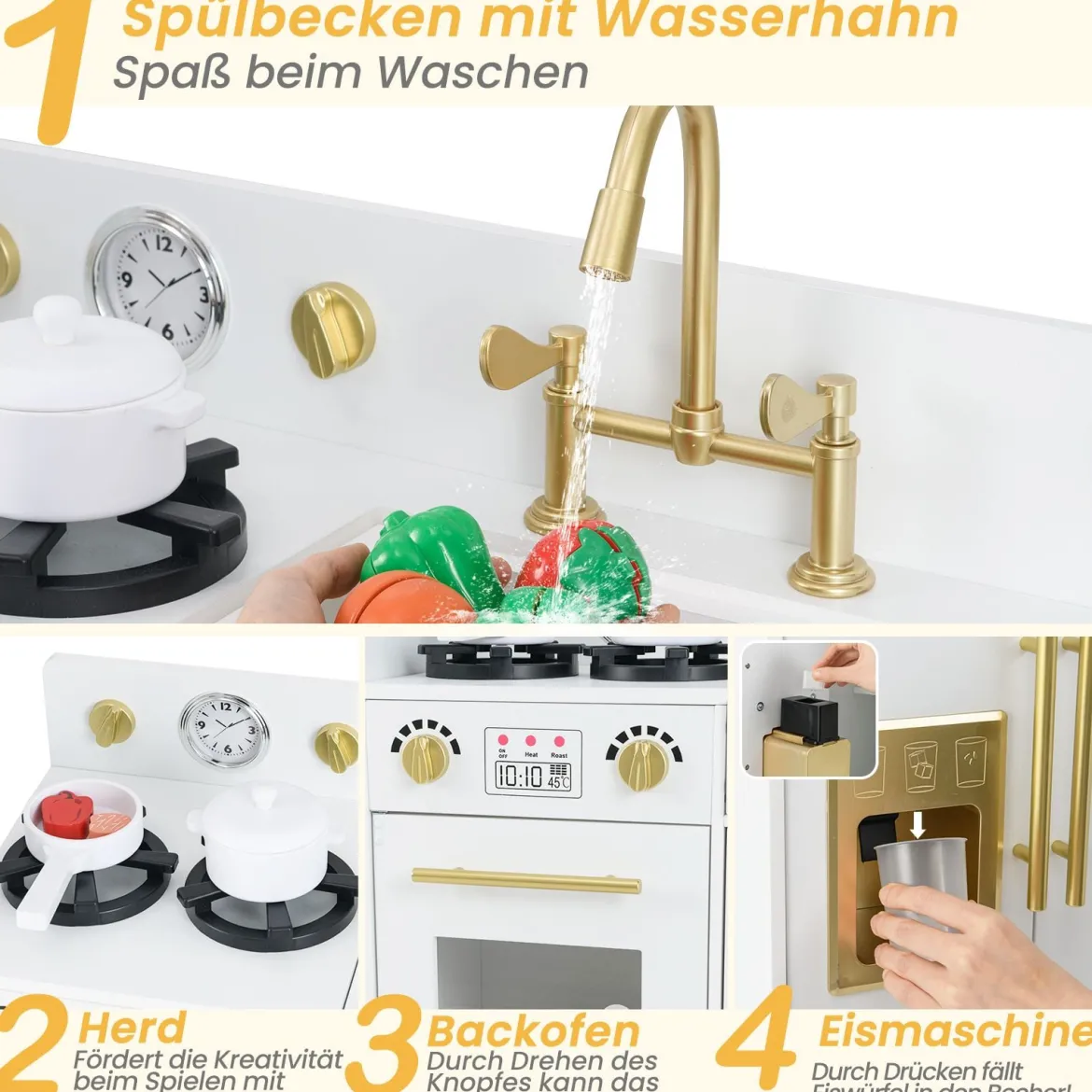 Kinder Spielküchen-Set mit Spüle & Eisbereiter & Spüle Holzspielzeug-Küchenset Weiß