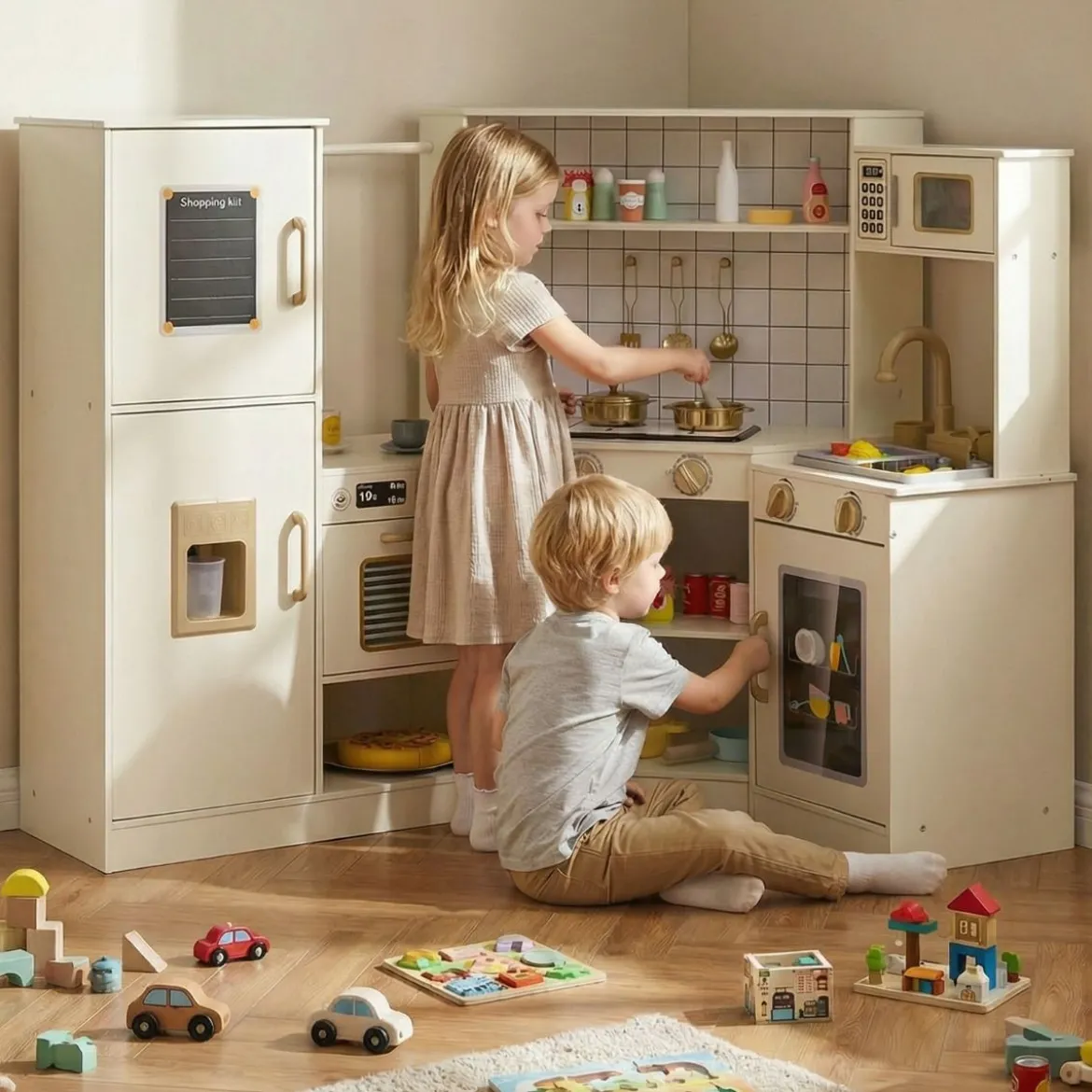 Kinder-Spielküche Spielküchenecke mit Eisspender Herd Ofen Mikrowelle Geschirrspüler Beige