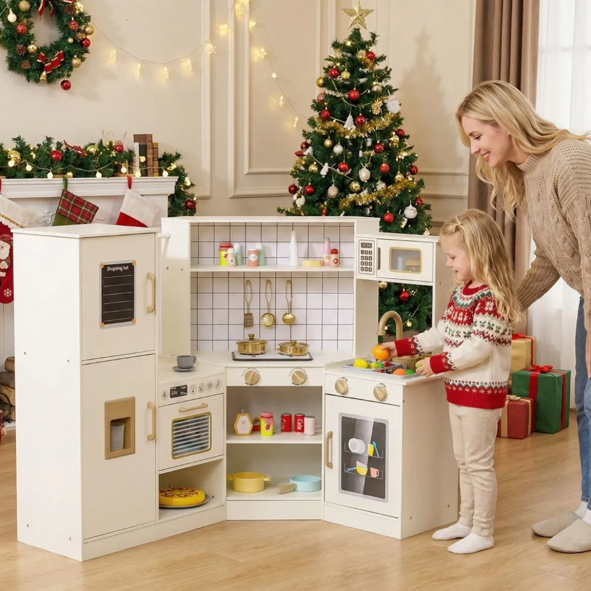 Kinder-Spielküche Spielküchenecke mit Eisspender Herd Ofen Mikrowelle Geschirrspüler Beige