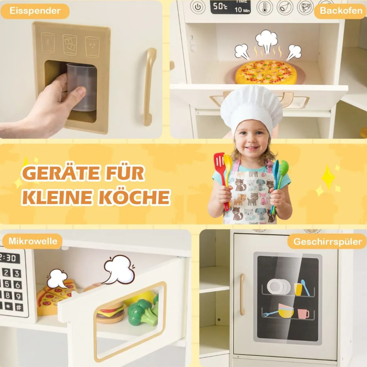 Kinder-Spielküche Spielküchenecke mit Eisspender Herd Ofen Mikrowelle Geschirrspüler Beige