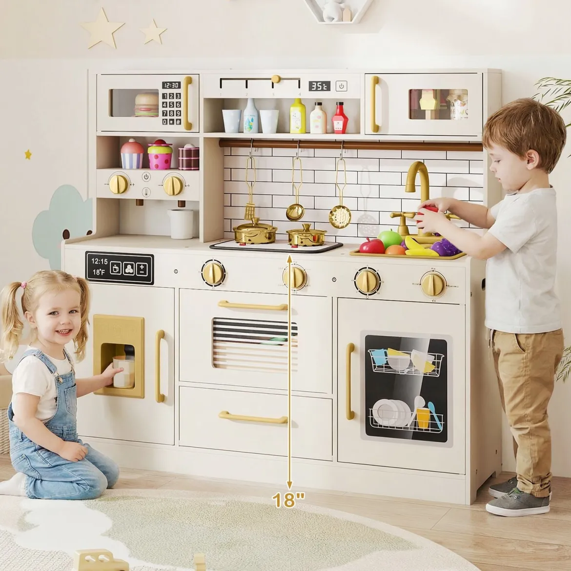 Kinder-Spielküche Spielzeug-Küchenset zum Nachspielen mit Herd Licht Sound Beige