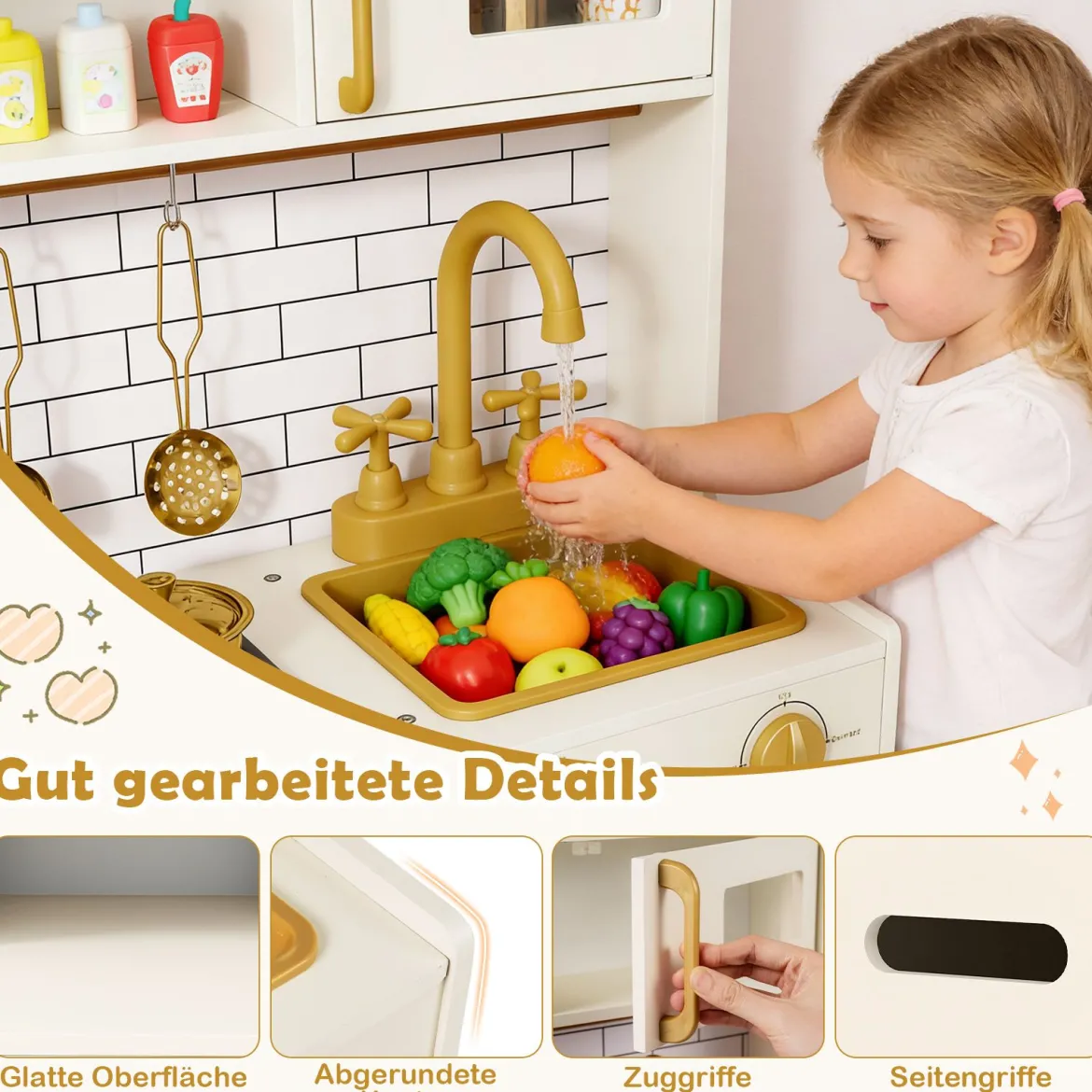 Kinder-Spielküche Spielzeug-Küchenset zum Nachspielen mit Herd Licht Sound Beige