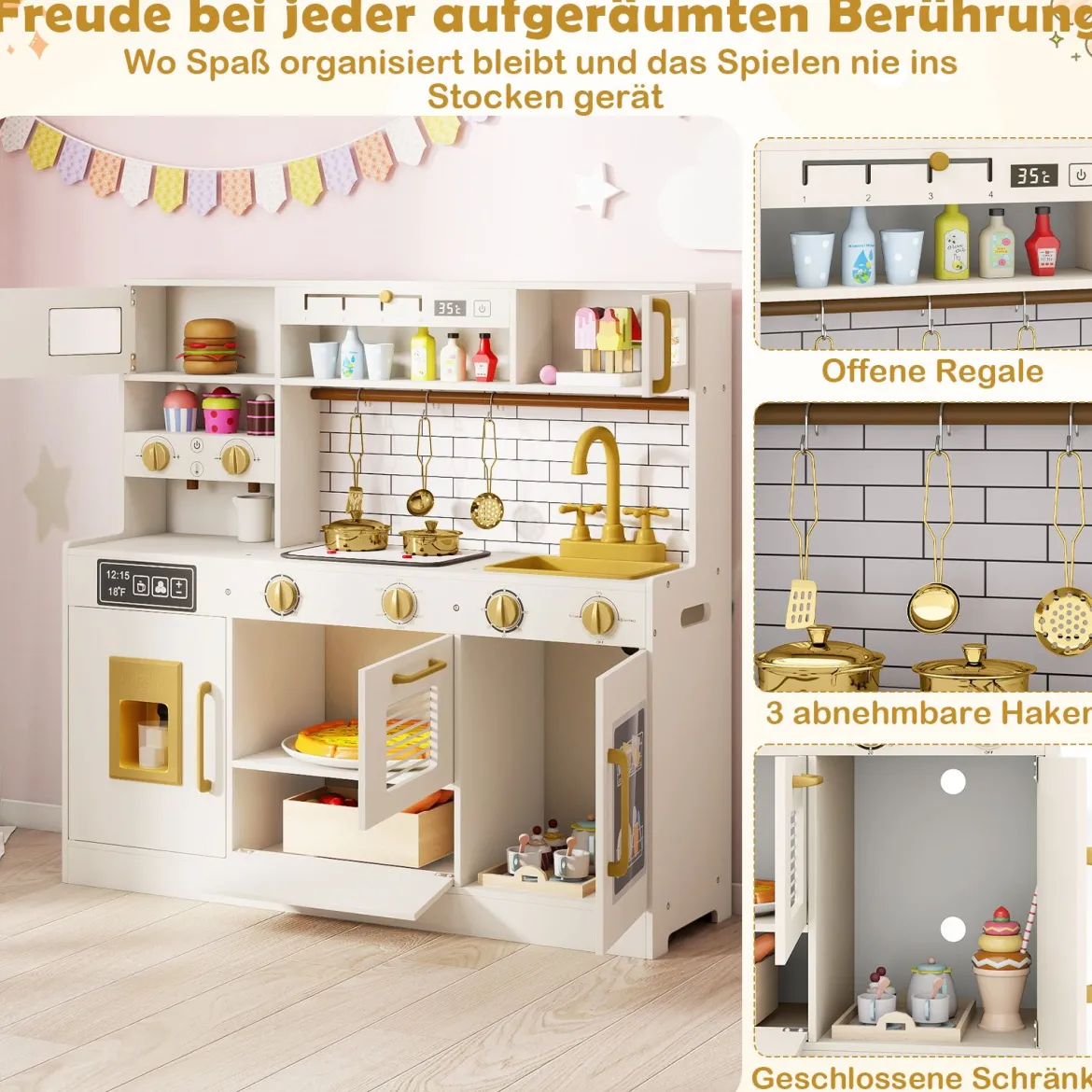 Kinder-Spielküche Spielzeug-Küchenset zum Nachspielen mit Herd Licht Sound Beige