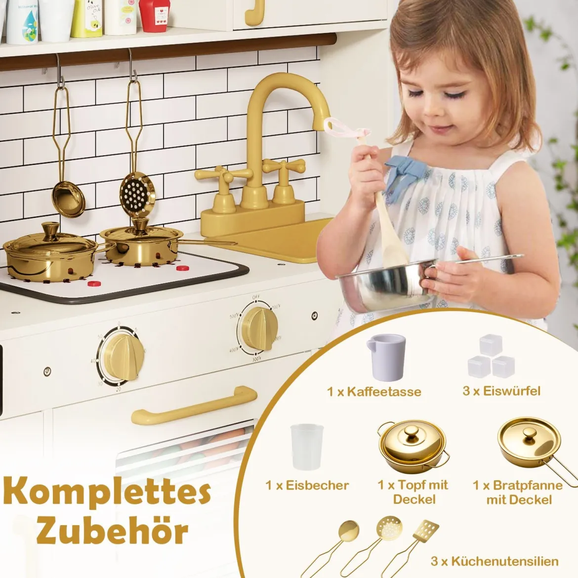 Kinder-Spielküche Spielzeug-Küchenset zum Nachspielen mit Herd Licht Sound Beige