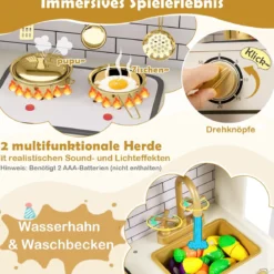 Kinder-Spielküche Spielzeug-Küchenset zum Nachspielen mit Herd Licht Sound Beige