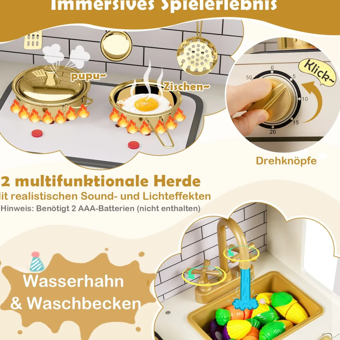 Kinder-Spielküche Spielzeug-Küchenset zum Nachspielen mit Herd Licht Sound Beige